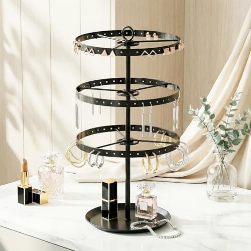 Rotating Earring Holder Organizer,Large and Small Stud Earring Display Tree Stand for Girls Womenm,3 Tiers Hanging Pierced Earring Rack for Selling,Jewelry Storage Stand for Vendors (Black) - color: Black