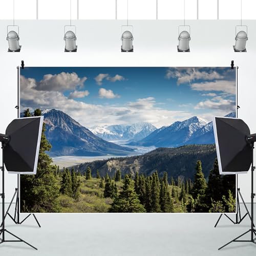Renaiss 7x5ft Mountain Lake Backdrop Polyester Blue Sky White Clouds Pine Trees Forest Nature Landscape Background Photography for Outdoor Hiking Camping Travel Portraits Photo Booth Props - color: WSNKY03353, size: 7x5ft