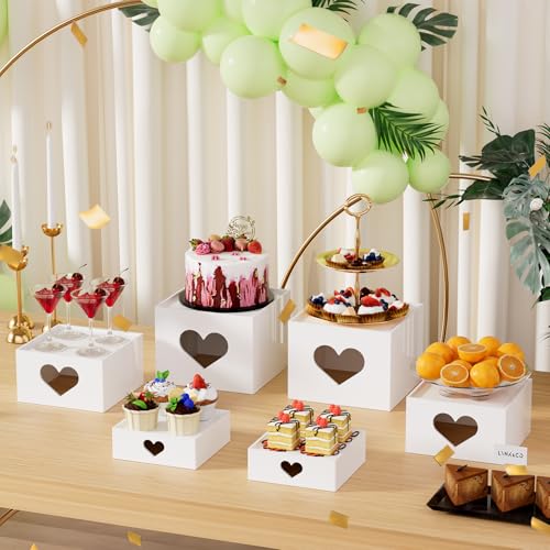 PPH-Sisy 3 PCS Buffet Risers Display Stands, Food Risers with Love Design, Acrylic Risers for Display for Food, White Dessert Table Display Set for Party, Acrylic Cube Storage Boxes Size (6", 7", 8")