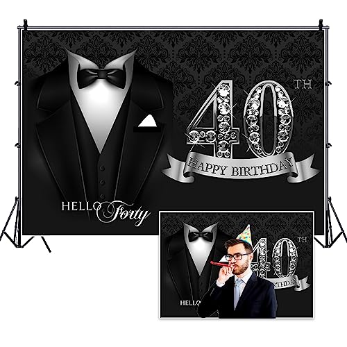 5x3ft Man 40th Birthday Backdrop Black Necktie Suit Tuxedo Silver Diamonds 40th Happy Birthday Photography Background Hello Forty Birthday Party Banner Cake Table Decor Photo Shoot Props - color: black silver 40, size: 5x3ft