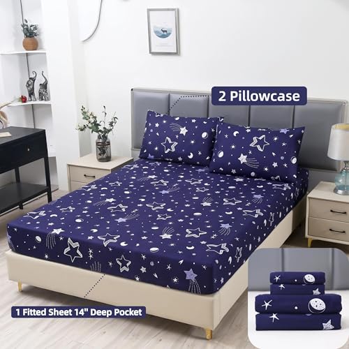 MAG 3pcs Purple Star Twin Bed Sheet,Space Microfiber Bedding Sheet Set,Galaxy Bed Sheets,Space Bedding Set with1 Fitted Sheet and 2 Pillowcases,14 Inches Deep (Purple and White,Twin) - color: Star, size: Twin