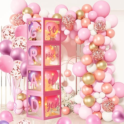 AYGXU Graduation decorations class of 2026 pink- Graduation Decorations, Balloons Box (4PCS) with letters&balloons,2026 balloons,LED String Light,graduation party decorations - color: Pink