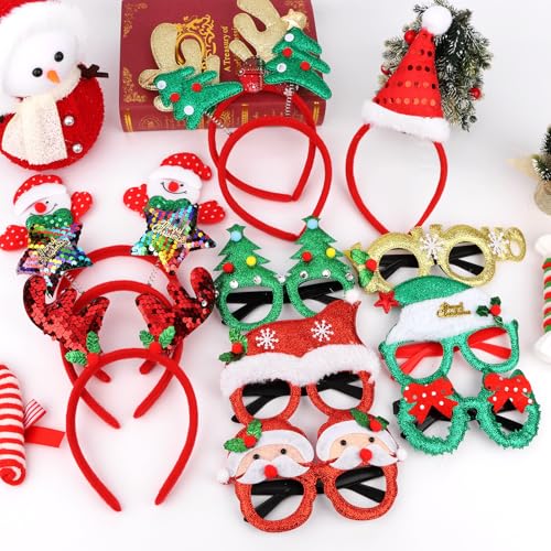 Wecoe Christmas Party Favors, 12pcs Christmas Headbands & Glasses Set - Festive Headwear Glasses Frame Hair Accessories for Women & Girls Classroom Game Party Supplies Photo Props