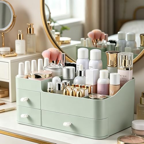 Makeup Organizer with Drawers, Bathroom Counter Organizer, Plastic Cosmetic Display Case, Large Skincare Storage for Vanity Countertop, Ideal for Bedroom Dresser top and Desktop - color: Fresh Green