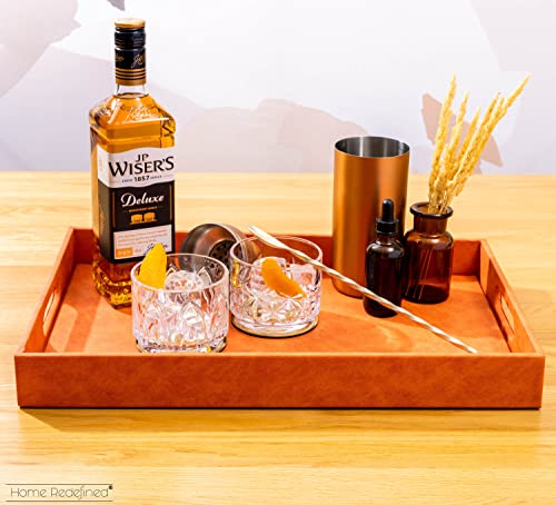 Home Redefined Beautiful Modern Elegant 17.5"x12" Rectangle Orange Faux Leather Decorative Tray Ottoman Coffee Table Perfume Living Room Kitchen Serving Tray with Handles for All Occasion's - color: Orange Leather