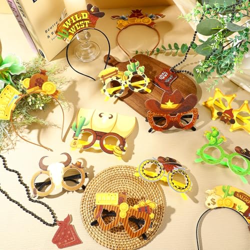 36 Pcs Western Party Favors Cowboy Felt Headband Eyeglasses Beaded Necklaces Wild West Cowgirl Costume Accessories for Western Themed Party Decorations Rodeo Photo Props Supplies - style: Classic