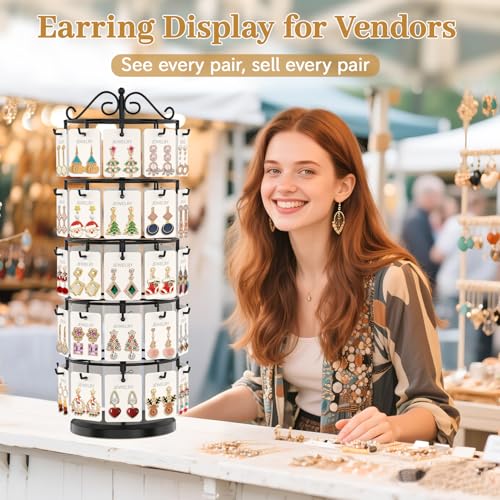 MODOWEY Earring Card Display Stand for Vendors, 50 Hooks Metal Rotating Organizer Rack Holder, 5 Tier Adjustable Jewelry Tree for Stud Pierced Dangle Selling, Boost Sales Compact Earing Hanger, Black - color: Glossy Black