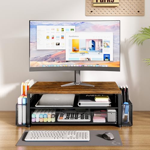 OPNICE Wood Desk Organizers and Accessories, 2-Tier Computer Monitor Stand Riser with Drawer and 2 Pen Holders, Laptop Stand, Office Desk Accessories for Office Supplies, Brown - color: Brown 1-Pack