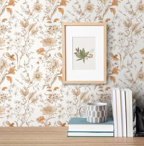 Vinjiasin Peel and Stick Wallpaper Boho Orange Floral Contact Paper Vintage Self Adhesive Removable Wall Paper for Bedroom Bathroom Accent Wall Decor Flower Leaf Vinyl Roll 17.3'' X 197'' - color: Orange, size: 17.3" x 197"