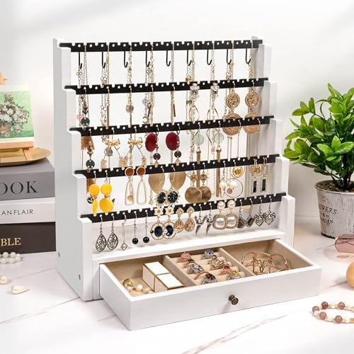 Pinzoveco Earring Organizer, 5 Layer Earring Holder Organizer with Necklace Holder Pole, Rustic Wood Jewelry Organizer Stand Display for Stud Earring Bracelet Necklace Ring, 175 Earring Holes - color: White