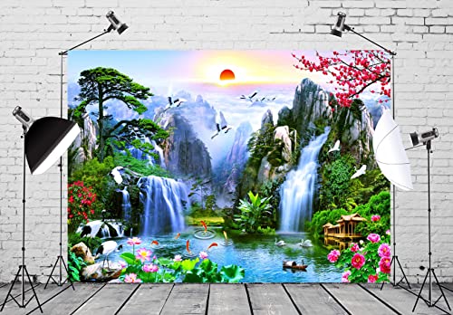 BELECO 10x6.5ft Fabric Fairyland Mountain Lake Photography Backdrop Waterfalls Swans Fish Flowers Dreamy Natural Landscape Painting Background Wall Murals Home Decor Kids Adults Portrait Photoshoot - size: 10x6.5FT