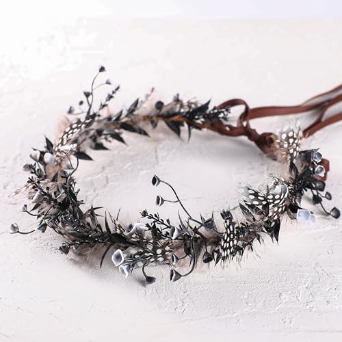 Black Flower Crown Headband - Elf Floral Headpiece Flower Girl Hair Accessory Pregnant Women Birthday Wedding Party Photo Props - color: Feather-Black