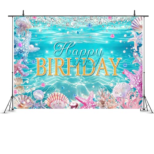 Ocean Backdrop Happy Birthday Summer Coastal Blue Sea Birthday Starfish Shells Coral Plant Cute 7Wx5H Feet Fabric Polyester Photography Background Banner Photo Shoot Decor Prop - color: C 01ocean, size: 7Wx5H