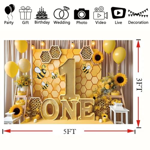 Bee 1st Birthday Backdrop Sunflower Balloons One Birthday Background Kids Girl Bee Birthday Party Decorations Baby Shower Party Banner Cake Table Photo Booth Props (D, 5X3FT) - color: D, size: 5X3FT