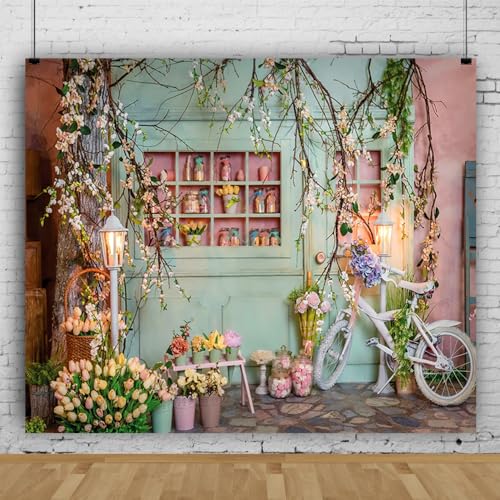 12x10ft Flower Shop Backdrop for Photography Bicycle Tulip Blossom Branches Green Florist Background Baby Shower Wedding Birthday Party Decor Kids Adults Portraits Photoshoot Photo Booth Props - size: 12x10ft