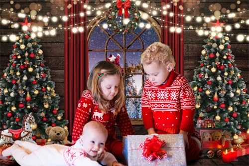 Leowefowa 6x4ft VinylMerry Christmas Backdrop Santa Claus Glitter Xmas Tree with Gift Snow Winter Night Window Scenery Background Kids Adults Holiday Party Decors Photo Shoot Props - color: red, size: 6x4ft