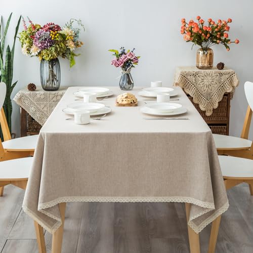GLORY SEASON Lace Trim Tablecloth Linen-Look Textured Rustic Burlap Stlye Machine Washable Solid Heavy Weight Rectangle/Oblong Table Cloth Cover for Kitchen Dinning Tabletop Decoration 55x86 in Beige - size: 86" x 55" (Rectangular)