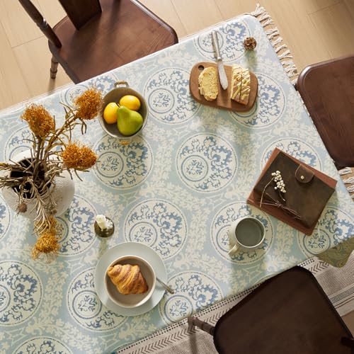 Vintage Blue Printed Tablecloths Rectangular: Floral Linen Farmhouse Table Cloth - Damask Patterned on Burlap Textured Fabric Outdoor Table Cover for Kitchen,Dining,Party,Picnic Decor, 55x102 Inch - color: Damask Blue, size: 102" x 55" (Rectangular)