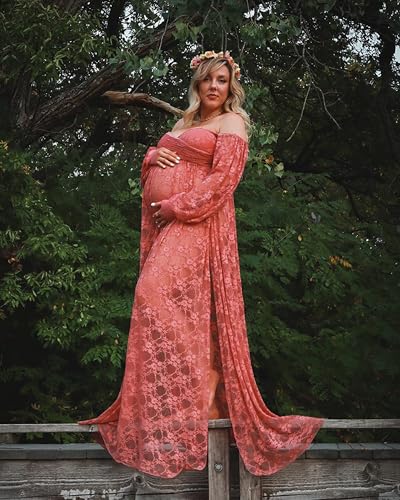 Saslax Soft Stretchy Lace Off Shoulder Doubly Split A-line Skirt Maternity Dress Pregnancy Maxi Gown for Photoshoot - color: Antique Rose, size: Small