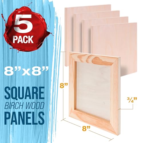 U.S. Art Supply 08" x 08" Unfinished Cradled Wood Panels for Painting, Studio 3/4" Deep (5 Pack) - Artist Depth Birch Wooden Wall Canvases - Mixed-Media Craft, Acrylic, Oil, Encaustic, Paint Pouring - size: 8" X 8", style: Square