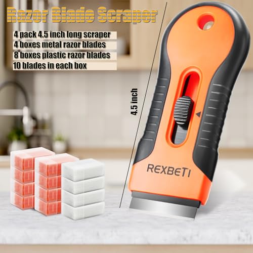 REXBETI Razor Blade Scraper Tool, 4 Pack Razor Scraper Set with Extra 120Pcs Razor Blades- 40Pcs Metal and 80Pcs Plastic Blades, Cleaning Scraper Tool, Cooktop Scraper, Paint Scraper, Glass Scraper - style: Original 4 Pack