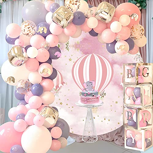 Polyester Pink Hot Air Balloons Round Backdrop Cover 7.2x7.2ft Rustic Floral Plants Glittering Stars Photography Background for Kids Girls Birthday Party Baby Shower Newborn Baby Portrait Props - color: Pink, size: 7.2x7.2ft-Diameter