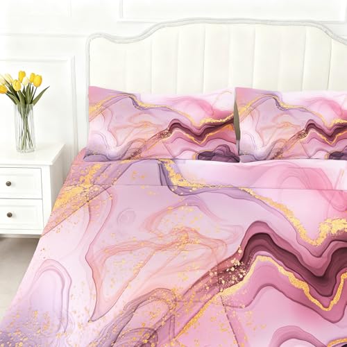 Kids Pink Marble Sheets Set Queen Soft Microfiber Kids Girls Modern Bedding Set Glitter Pink and Gold Bedding Set Modern Abstract Art Sheets for All Ages - color: Marble Pink-a, size: Queen
