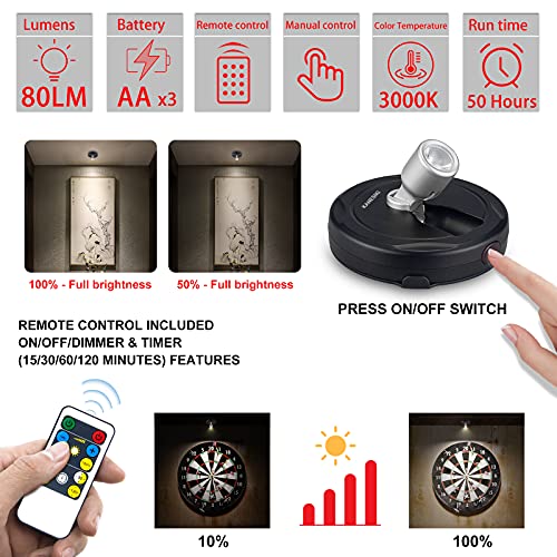 Wireless Spotlight Battery Operated, LED Picture Lights, Stick on Uplighting for Indoor Plant Tree Painting Artwork Portrait Photo Art, Dimmable Accent Puck Light with Remote, 2 Pack - color: Black Silver