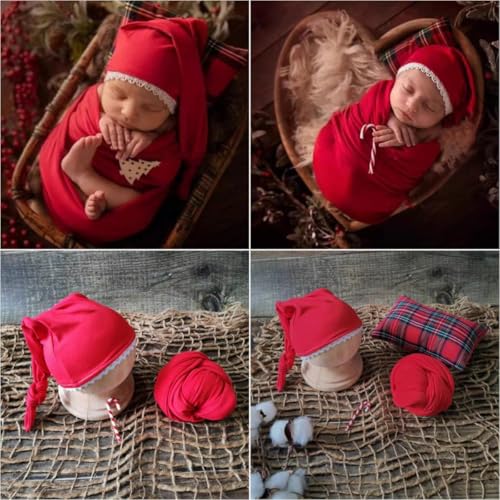 Christmas Newborn Baby Photo Shoot Props Outfits Crochet Clothes Santa Claus Red Hat Pants Photography Props - color: Red and Milky White