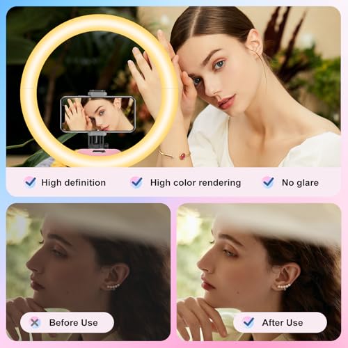 Aureday 14'' Pink Selfie Ring Light with 62'' Tripod Stand and Phone Holder, Dimmable LED Phone Ringlight for Makeup/Video Recording/Photography, Circle Lighting for Cell Phones&Lightweight Cameras - color: PINK, size: 14in for phone