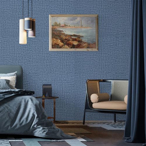 Blue Wallpaper Grasscloth Peel and Stick Wallpaper 17.7inch x 118.1inch Textured Wall Paper Stick and Peel Blue Contact Paper Grasscloth Faux Linen Removable Navy Waterproof Self Adhesive Vinyl - color: Blue, size: 17.7" x 118.1"