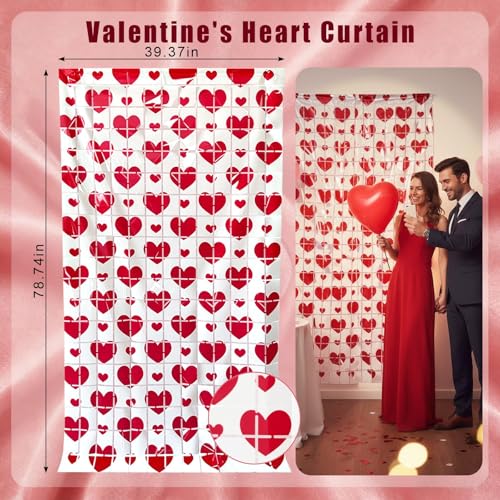 2 PCS Valentines Foil Curtain Backdrop, Valentines Day Party Decorations Red Pink White Heart Photo Booth Props for Valentine's Day Decor Birthday Wedding (A)