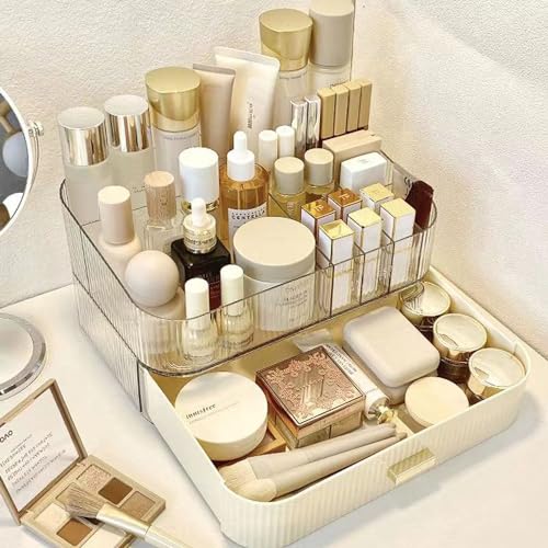 Makeup Organizer with Stackable Drawers, Bathroom Vanity Organizers and Storage, Ideal for Desk and Dresser Countertops, Great for Cosmetics, Skincare, Lipsticks, Nail Care - Cream - color: Cream, size: Tray and Drawer