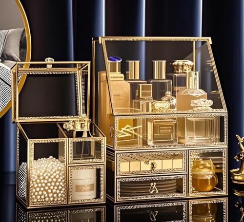 Luxury Stackable Glass Cosmetic Organizer 3-Piece Set-Durable,Premium Shatterproof Vanity Storage,Artisan-Design for High-End Bathroom&Makeup Counter Decor(gold) - color: Gold
