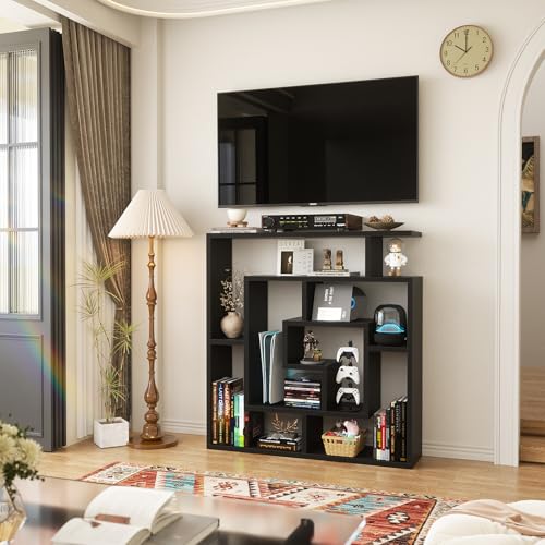 Armocity 5 Tier Display Book Shelf Wall Mounted Bookshelf Freestanding Geometric Bookcase Floating Book Shelves for Wall Bedroom Living Room Home Office, 45.5"(W) * 47"(H), Black - color: Black