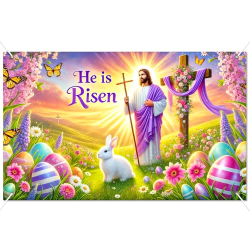 BlissYard Happy Easter Banner 71x43 Inch He is Risen Easter Backdrop Spring Christian Cross Lily Jesus Photography Background Religious Party Decorations Photo Banner Booth Studio Props - color: He is Risen Banner#1