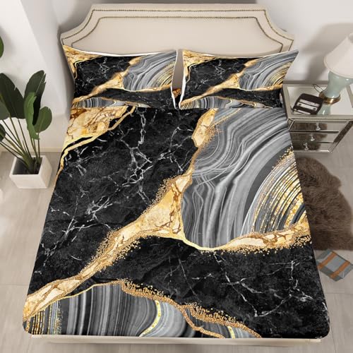Black Marble Sheet Set Gold Metallic Marble Design Sheets with Deep Pocket Fitted Sheet Abstract Marble Texture Bed Sheets Set Grey Gold Bedding Set Golden Streaks 4Pcs with 2 Pillow Case Full Size - color: Multi Aa01, size: Full