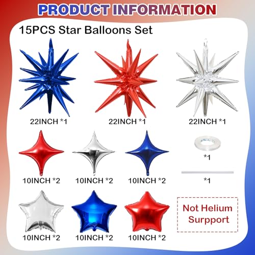 Star Balloons, 22in Red White and Blue Star Balloons Foil 10in 4-Pointed & Pentagram Balloon for 4th of July Independence Day Birthday Party Patriotic Decoration - color: Navy Red Silver