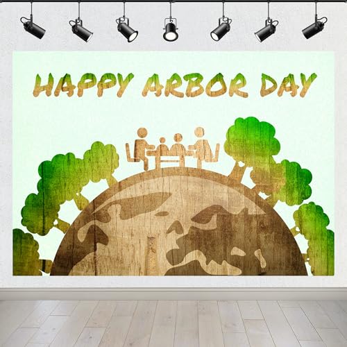 BELECO 9x6ft Fabric Happy Arbor Day Backdrop Wood Earth Shape with Family Among Green Trees Background Arbor Day Party Decorations Photo Booth Shoot Studio Props - size: 9x6FT