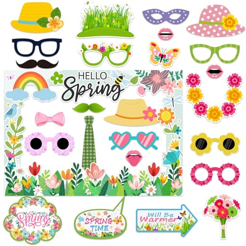 Hello Spring Party Photo Booth Props Kit- 25 Pcs Spring Photo Booth Props with 1 Paper Photo Frame for Spring Summer Easter Flower Themed Birthday Party Decorations