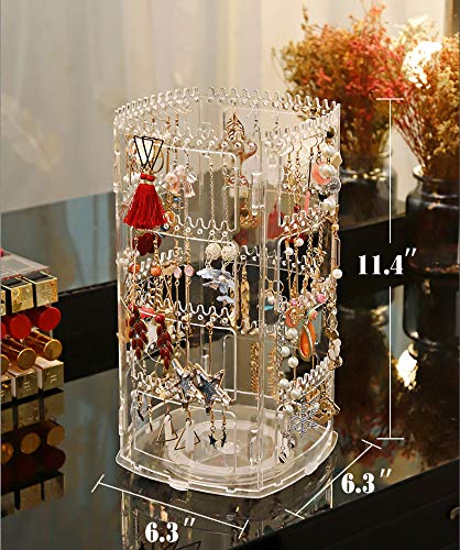 Sooyee 360 Rotating Earring Holder and Jewelry Organizer, 4 Tiers Jewelry Rack Display Classic Stand, 156 Holes and 160 Grooves for Necklaces Earrings Piercings, Clear - color: Clear