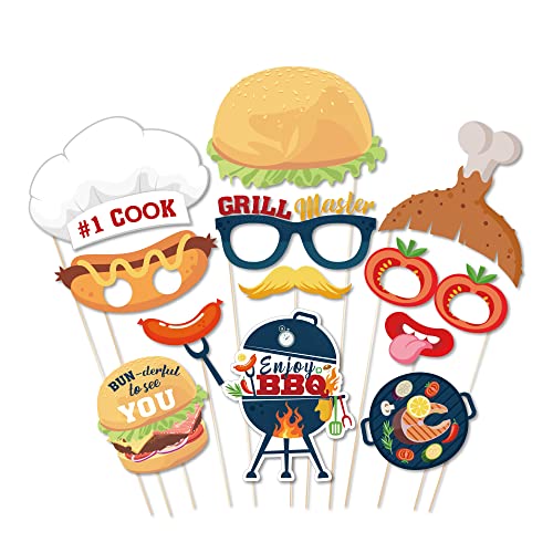 25 Pcs BBQ Photo Booth Props with Stick,Burger BBQ Party Decorations Cookout Themed Picnic Decorations Reunions Fun Selfie Props