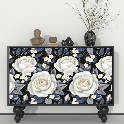 Floral Wallpaper Peel and Stick Rose Flowers Contact Paper 17.5" x 118", Modern Wall Paper Self Adhesive Removable Waterproof for Room Walls Shelves Cabinet Drawer Table Decor(White, Gold, Navy) - color: Navy/White/Gold, size: 17.5" x 118"