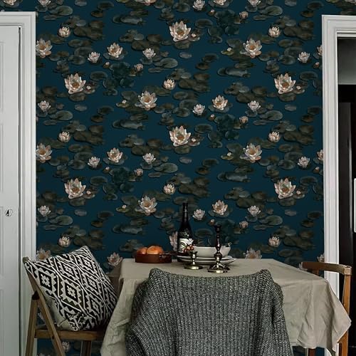 Vinjiasin Dark Blue Floral Peel and Stick Wallpaper Vintage Navy Blue/Green Flower Contact Paper Lotus Removable Oil Painting Wallpaper for Bathroom Bedroom Art Deco Vinyl Roll 17.3''×78.7'' - color: Dark Blue and Green, size: 17.3" x 78.7"