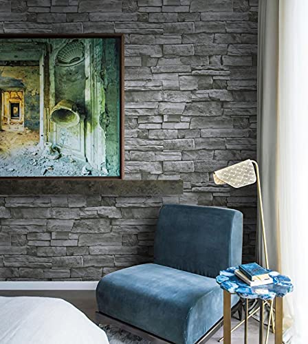 Timeet 17.7" x 393" 3D Grey Stone Wallpaper Peel and Stick Brick Self Adhesive Wall Paper Removable Waterproof Contact Paper for Bedroom Living Room Decor Vinyl Film Roll - color: Gray, size: 17.7" x 393.7"