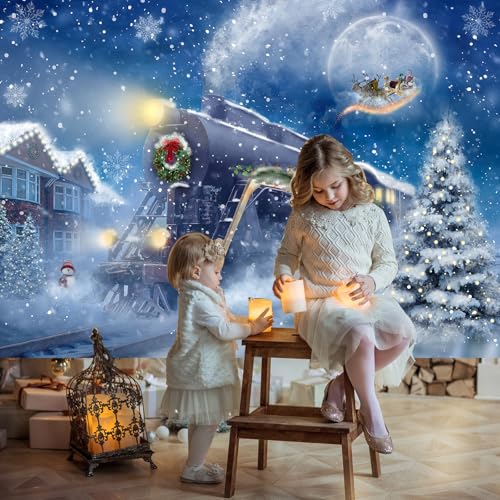 Avezano Christmas Train Backdrop Snow Night Christmas Polar Express Backdrop Moon Santa Claus Railway Photography Background Xmas Day Party Banner Decoration (7x5ft, 83x59inch) - size: 7x5ft, 82x59inch