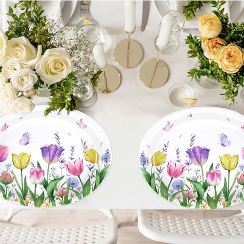 50Pcs Tulip Oval Paper Plates Large 10" x 12" Tulip Lavender Floral Plates Disposable Heavy Duty Butterfly Flower Plates for Spring Mother’s Day Wedding Bridal Shower Decor Birthday Tea Party Supplies - style: 50Pcs Tulip Oval Plates