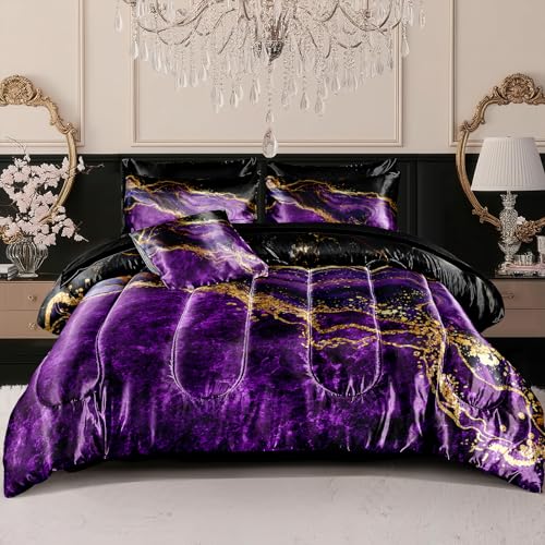 Purple Satin Comforter Set Gray Marble Bedding Queen Purple Marble Stone Bedroom Decor Artwork Abstract Comforter Silk Like Silky Bed in A Bag with Comforter and Sheets - color: Purple, size: Queen