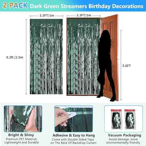 Dark Green Party Birthday Decorations Door Streamers Fringe Tinsel Foil Curtain, 2 Pack 3.3x8.2ft Dark Green Backdrop for Birthday Jungle Party Dinosaur Animal St Patrick's Day Christmas Decorations - color: Green