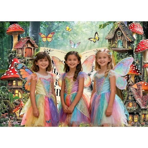 5 x 3 ft Enchanted Forest Backdrop Photography Wonderland Fairy Tale Books Ancient Castle Princess Mushroom Photo Background for Girls Wedding Birthday Party Baby Shower Photo Props - color: Green03, size: 5x3ft